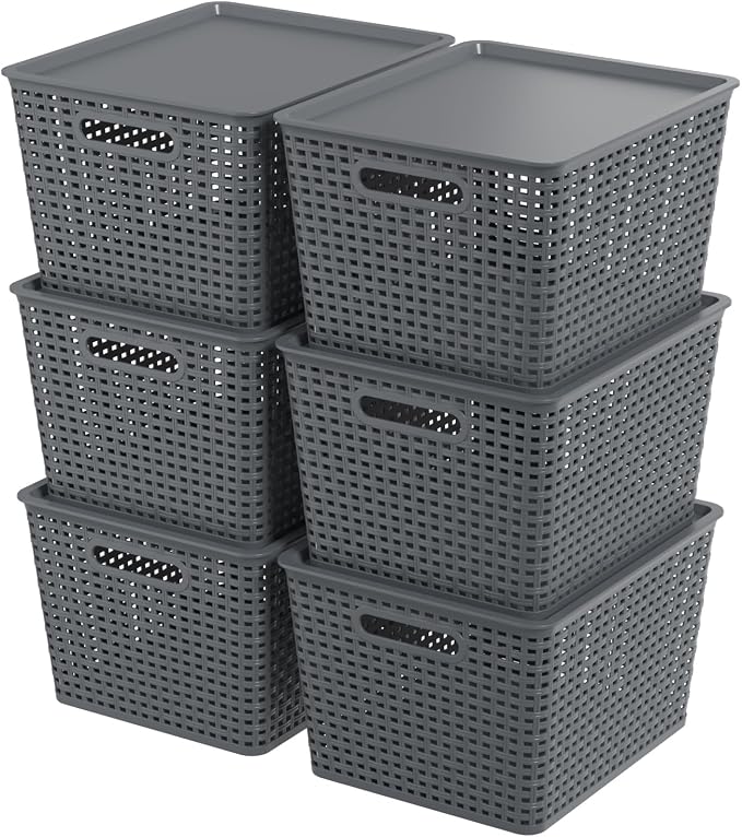 Zopnny Stackable Plastic Storage Baskets with Lids, 20-Qt (6 Pack) | Nesting Storage Bins for Shelves, Drawers, Closet, Classroom, Office, Plastic Stackable Storage Bins, Organizing Basket - Image 7
