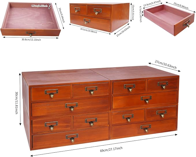 Stackable Wooden Desk Storage Box, 12 Drawers Tabletop Organizer, Brown | 4-Pack Countertop Apothecary Cabinet, Vintage Library Card Catalog Storage Cabinet with Metal Label Handles for Office Home - Image 2