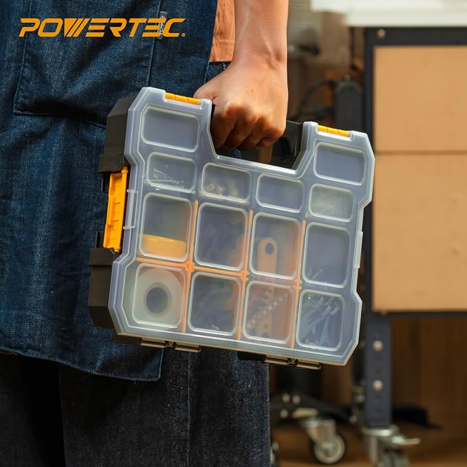 POWERTEC Small Parts Organizer & Tool Box – 14 Compartments, Stackable Storage with Interlocking Latch, Removable Dividers, Clear Lid, Portable Design (72364) - Image 6