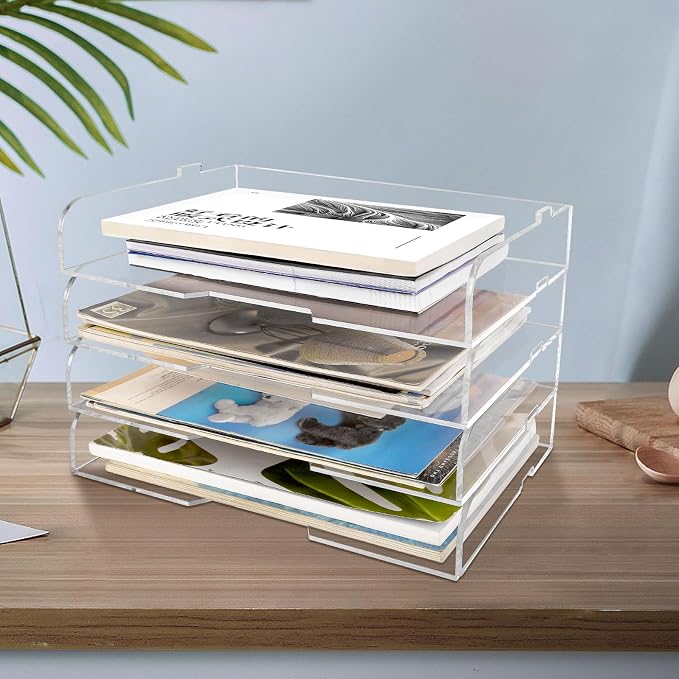 4 Pack- Stackable Paper Letter Tray,Clear Acrylic Magazine Holder and File Organizer - Sleek Desk Organizer for Home Office, Bookshelf, or Workspace - Space-Saving Transparent Document Holder by WYFHLPMMA