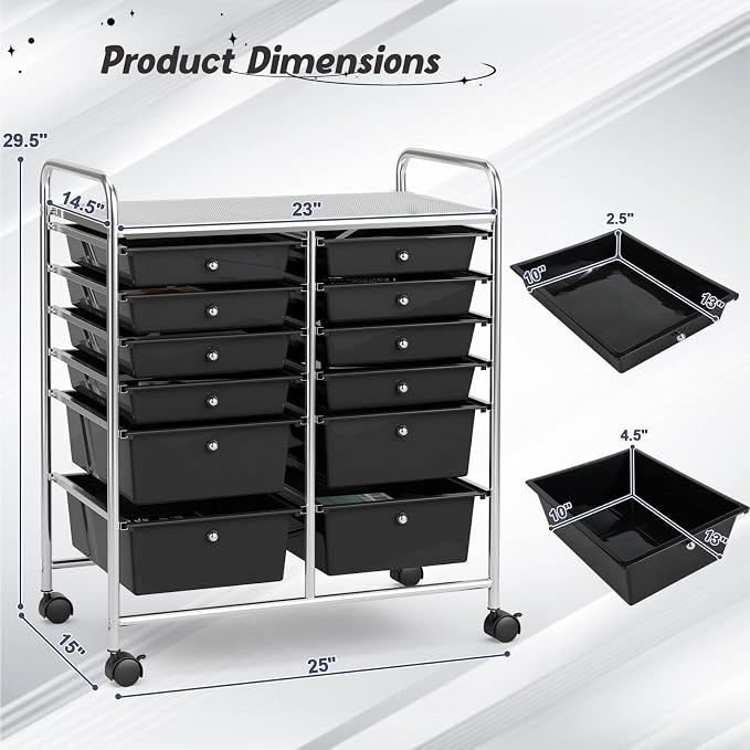 COSTWAY 12-Drawer Rolling Storage Cart, Moveable Art Craft Organizer | Lockable Wheels, Metal Shelf, Files Arrangement Tools Makeup Storage Cart for Office, Home, School (Black) - Image 3