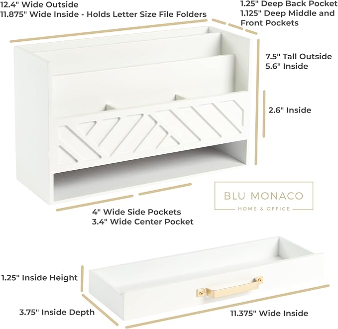 BLU MONACO | White Wooden Desk Organizer & Mail Organizer with Drawer & Gold Handle | Mail Sorter Countertop | 6 Compartments | White Desktop Organizer for Desk - Image 2