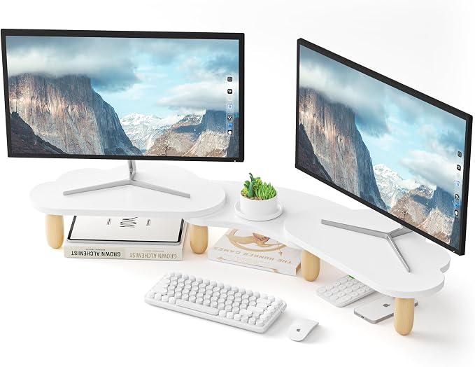 AFOOYO Dual Monitor Stand Riser,Rainbow Cloud Desktop Computer Stand for 2 Monitors,Adjustable Length and Angle Multifunctional Desktop Organizer Stand for Laptop, PC, Computer, Printer,White by AFOOYO
