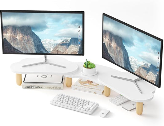 AFOOYO Dual Monitor Stand Riser,Rainbow Cloud Desktop Computer Stand for 2 Monitors,Adjustable Length and Angle Multifunctional Desktop Organizer Stand for Laptop, PC, Computer, Printer,White by AFOOYO