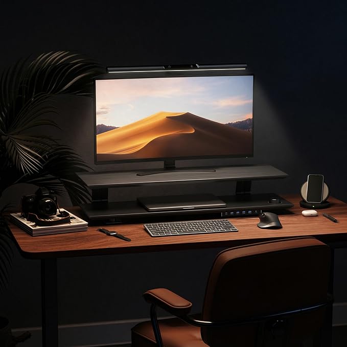 Dual Monitor Stand Riser for Large Office Desk Organization, Black | Solid Wood Made, 30w Fast Charging Ports, Data Transfer USB Ports, Raise Monitor Height, More Desk Space, No Wobble - Image 6