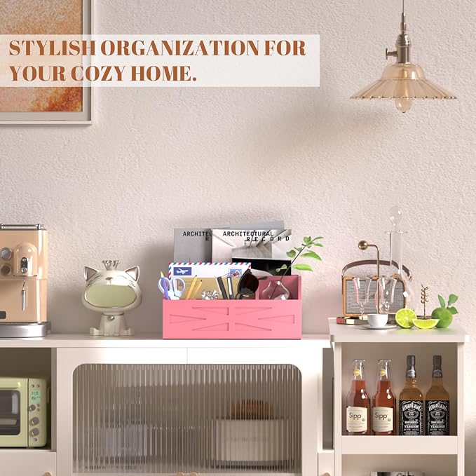 Wood Mail Organizer Countertop,Farmhouse Desk and Kitchen Countertop Storage, Letter Sorter, Desk Mail and Bill Organizer, Desktop File and Paper Holder (Pink) - Image 9