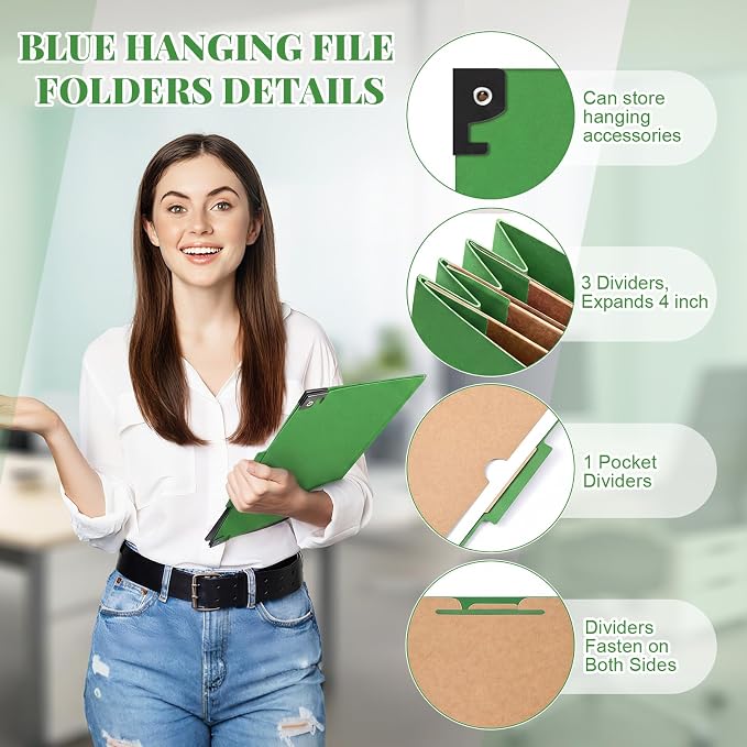 Henoyso 10 Pcs Hanging Classification Folders,3 Pocket Dividers,Green | Letter Size, Hanging File Folders with 3 Pockets, 4" Expansion, 8 Prong Fasteners, 1/3 Tab Cut, 8 Sections, Pressboard Manila - Image 3