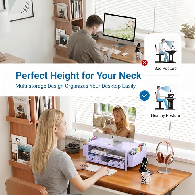 Desk Organizers and Accessories, Computer Monitor Stand Riser with Drawer and 2 Pen Holders, Printer & Laptop Stand, Office Desk Accessories & Workspace Organizers for Home Office Supplies, Purple - Image 4