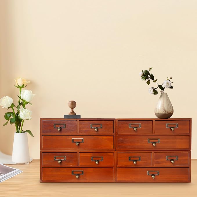 Stackable 4 Pack Pine Wood Desktop Storage Organizer with 3 Drawers, Brown Tabletop Drawer Box with Metal Handles, Space Saving for Office Study Living Room Coffee Bar (Brown) - Image 2