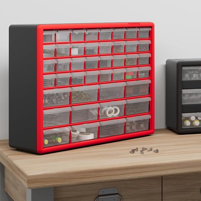 Akro-Mils 44-Drawer Plastic Drawer Storage Cabinet for Garage Organization, Bead Organizer, Building Bricks Storage, Teacher Toolbox, Makeup Organizer, 20-Inch W x 6-Inch D x 16-Inch H, 10144 Red - Image 10