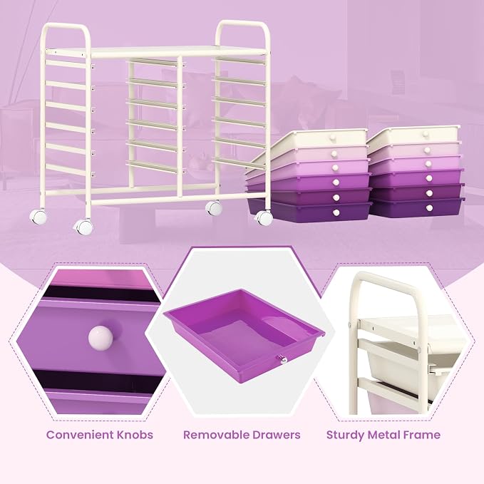 GOFLAME 12-Drawer Rolling Storage Cart, Multifunctional Art Craft Organizer Cart, Mobile Utility Storage Cart with Removable Drawers & Lockable Wheels, Craft Cart for Home Office, Purple Gradient - Image 6