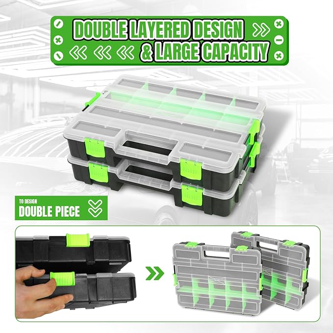 Jack Boss Tool Box with Transparent Lid, Single Side 17-Compartments Organizer Box with Removable Dividers for Hardware, Screws, Bolts, Nails, Beads, Jewelry and Fishing Accessories, Green, 2 Pack - Image 6