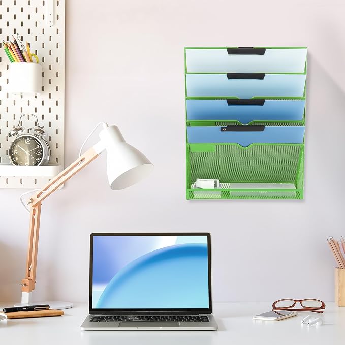 6 Tier Mesh Hanging Wall File Organizer, Desk Vertical Mail Paper Document Folder Holder Rack with Bottom Tray and Nametag Label for Office Home School, Green - Image 6