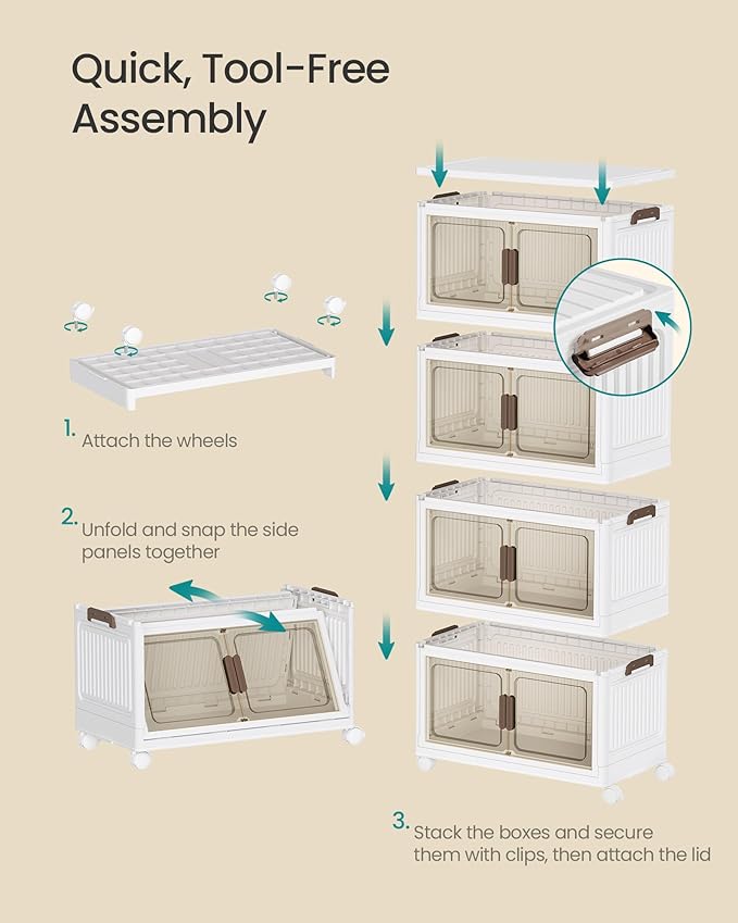 SONGMICS 58QT Plastic Storage Bins with 1 Lid, 4-Tier Stackable Bins with Doors and Wheels, Foldable Storage Boxes, for Closets, Bedroom, Living Room, Office, White URLB460WZ01 - Image 4
