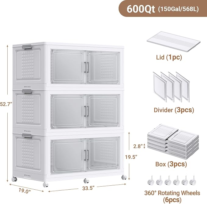 150Gal XL Stackable Storage Bins Foldable Box Cabinet for Home 3Pack White | Extra Large Plastic Boxes with Dividers Multi-Compartment Collapsible Closet Organizers and Storage Cabinet with Wheels Door - Image 2