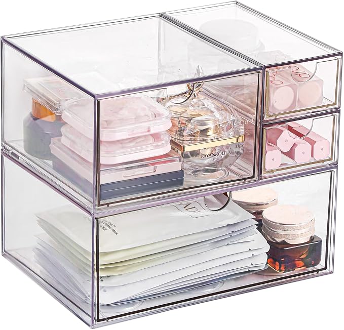 Makeup Drawer Organizer, Desk Drawer Organizer With 4 Drawers, 3 Different Sizes, Suitable For Office Desk, Bathroom, Bedroom, Jewelry, Stationery, Handicraft Storage And Organization, clear - Image 4
