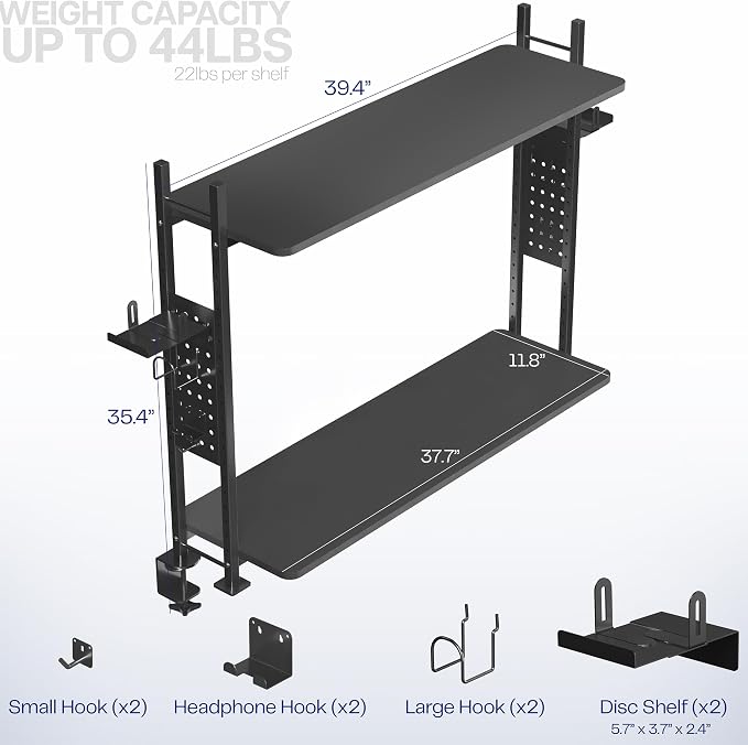 VIVO Clamp-on 40 inch 2-Tier Shelving Unit with Pegboard for Table Accessories, Gaming Devices, and More, Desktop Organizer, Black, DESK-SHELF40G - Image 3