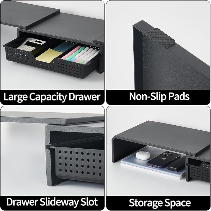 LEKETREE Dual Monitor Stand Riser with Drawer, Computer Stand for Desk, Workspace Desktop Stand, Desk Organizer for Computer, Laptop, TV and More (Black) - Image 6