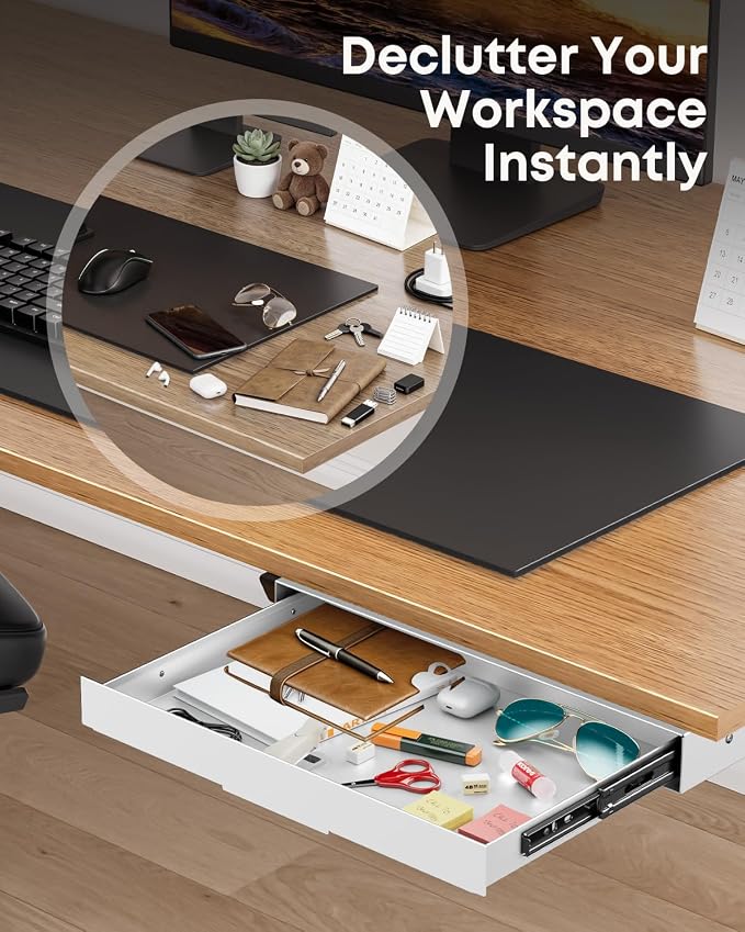 PUTORSEN Under Desk Storage Drawer 14.8" Wide - Smooth Slide Out Organizer for Standing Desk & Home Office, Max Load 17.6 lbs, Quiet Glide, White - Image 6