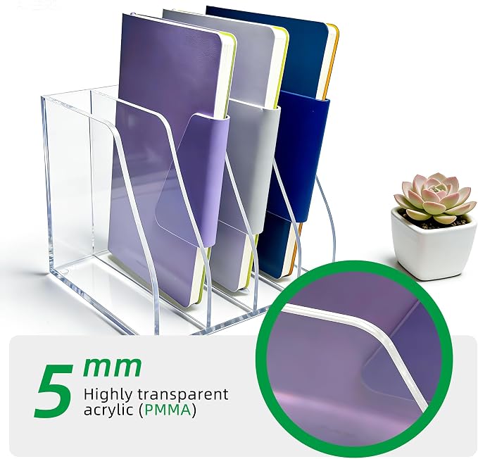 Clear Acrylic Magazine File Holder, 4 Compartment Desk Organizer | 4 spacious vertical compartments hold magazines, files, books & more. 5mm thick clear acrylic, non-slip base. No assembly. - Image 5