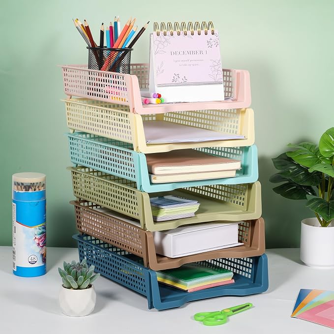 Set of 6 Boho Turn in Trays for Teachers Stackable Classroom Paper Letter Trays Plastic Classroom Desk Letter Organizer Tray Storage Baskets for Library, Drawers, Office, Home - Image 4