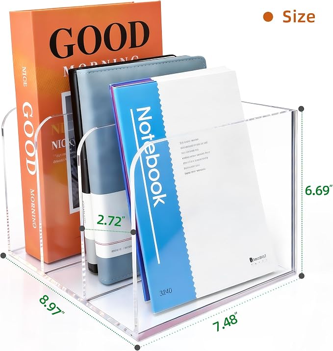 Clear Acrylic 3-Slot Magazine File Holder, Vertical Desk Organizer | 3 extra-wide compartments hold magazines, files, books, tablets. 5mm thick clear acrylic, non-slip base. No assembly. - Image 2