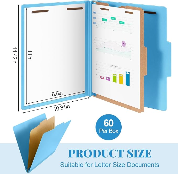 60 Pcs Skyygemm Classification Folder Letter Size, 1 Divider,Blue | Back to School Supplies, File Organizer with Fastener, Expanding File Organizer Bulk for Office Employee, Staff, Teacher - Image 2