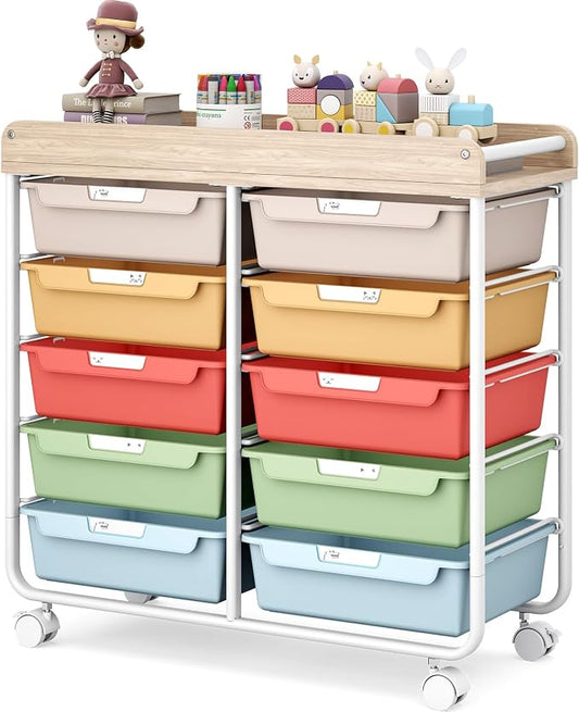 10 Drawer Rolling Storage Cart with Wood Top for Classroom Crafts Colorful | Easy Setup, Large Capacity, Sturdy Build, Lockable Mobility, For office, classroom and home supplies by APEXCHASER
