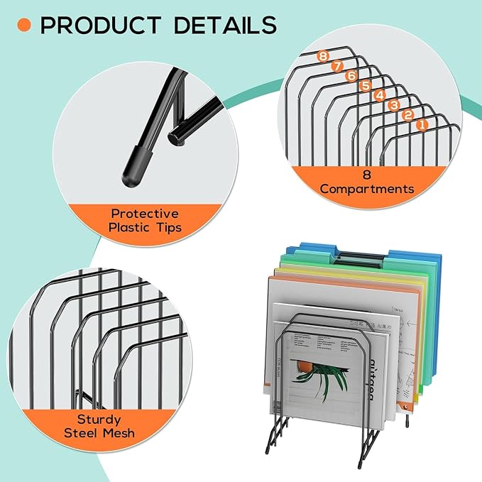 Incline Sorter Desk File Organizer, Metal Desk Magazine Folder Holder with 8-Section Vertical Compartments Rack File Organizer for Office, Home, School - Image 3