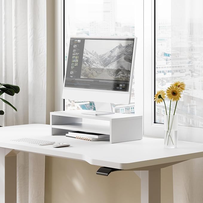 FITUEYES Wooden Monitor Stand Riser, 2-Tier Desk Storage Shelf, White | 21.3-Inch Desktop Organizer Fits Laptop, Computer Screen and Office Supplies - Image 3