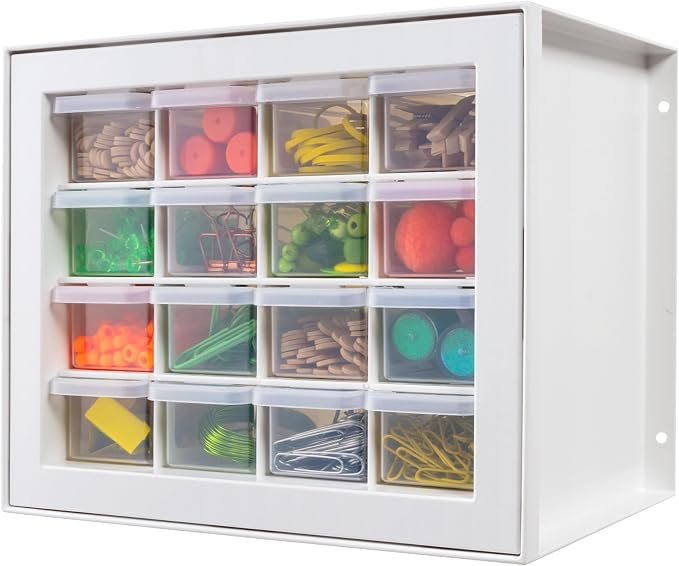 IRIS USA 16-Drawer Small Drawer Organizer, Craft Desk Storage, White | Wall mountable, Stackable Teacher Toolbox, Beads, Building Bricks, Water Packets, Screws, Hardware by IRISUSA