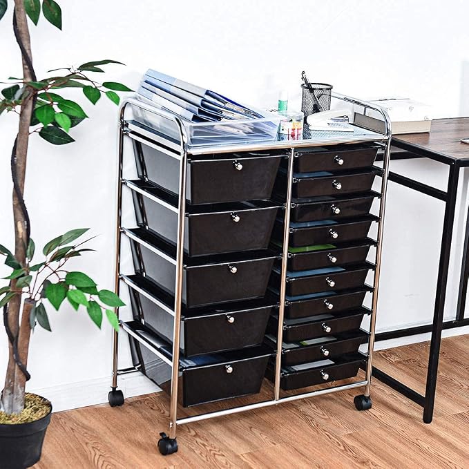COSTWAY 15 Drawer Rolling Storage Cart, Mobile Utility Cart with Lockable Wheels, Drawers, Multipurpose Organizer Cart for Home, Office, School, Black - Image 6