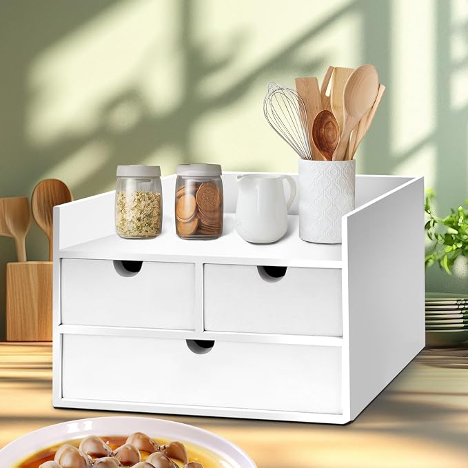 Charmewooden Bamboo Desk Organizer 3 Drawer with Shelf, Countertop Organizer with Drawers Makeup Storage Drawer 3 Drawers Tabletop Storage Organization Box Home Office Workspace（White） - Image 5