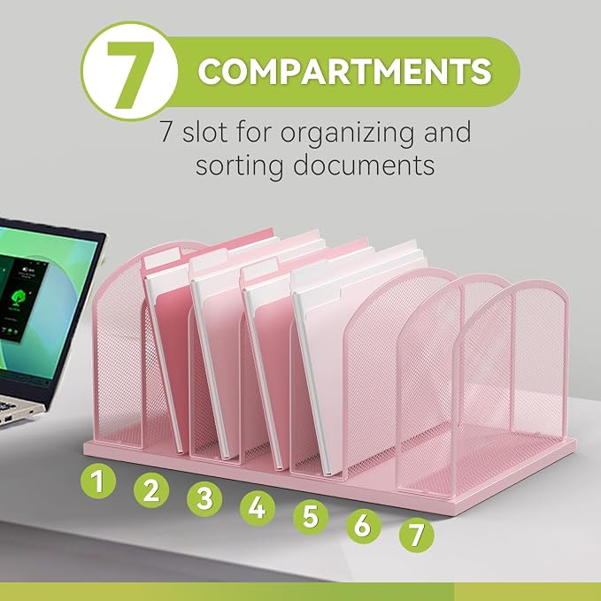 Desk File Organizer Vertical 7 Sections Mesh File Sorter Paper Storage Organizer for Desk, Office Organization File Holder Rack,Pink - Image 4
