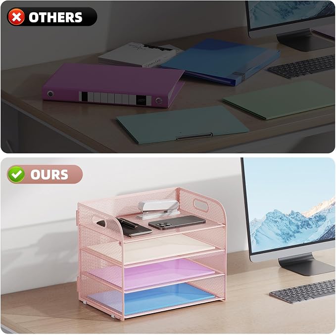 Marbrasse 2 Pack 4 Tier Paper Organizer Letter Tray - Mesh Desk File Organizer with Handle, Paper Sorter Organizer for Letter/A4 Office File Folder Holder (Pink, 12.6" x 9.1" x 10.7") - Image 2