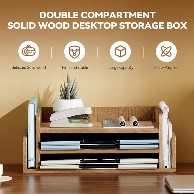 KIRIGEN Wood Desk Organizer, 5-Tray Letter Tray and Mail Sorter, Brown 2TP | Solid Wood 3-Tier Desktop Organizer with 5 Storage Areas for Mail, Folders, Letter Paper and Office Supplies, Fully Assembled - Image 7