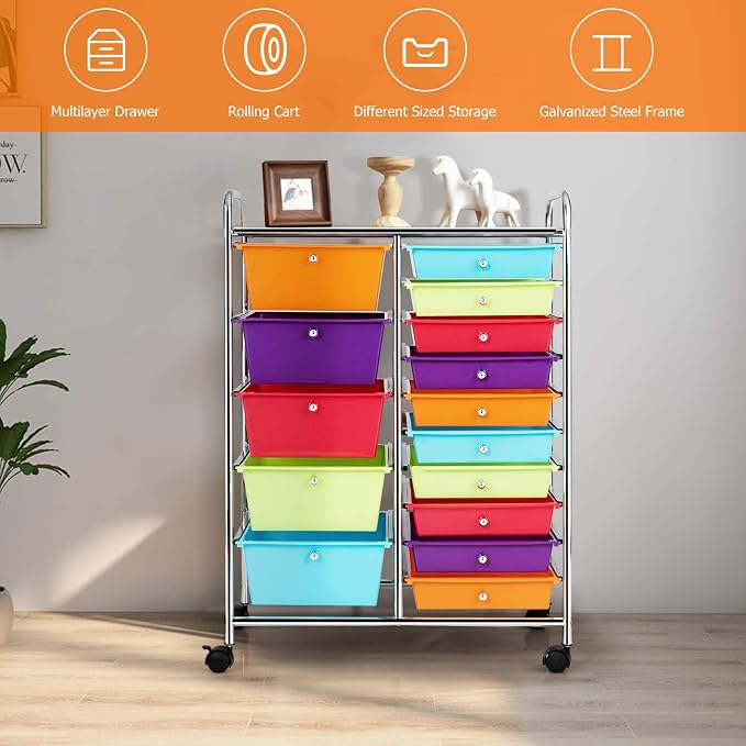 GOFLAME 15-Drawer Rolling Storage Cart, Craft Storage Cart with Removable Drawers & Lockable Wheels, Art Cart Supply Storage Organizer for Home Office Classroom, Multicolor - Image 4