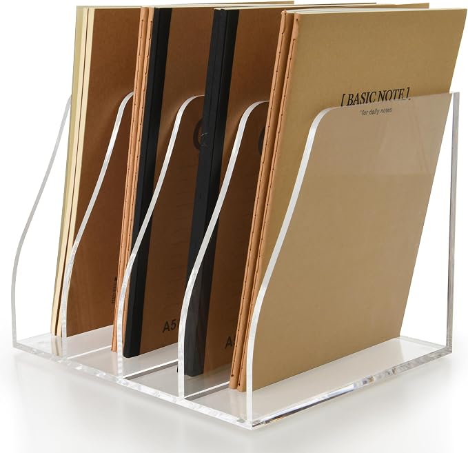 Acrylic Magazine File Holder, 4 Vertical Compartments Desk Document Sorter Organizer, Clear Folder Rack Binder for Office/Home/Classroom, for Documents, Tablet, Magazines, Books & Accessories - Image 3