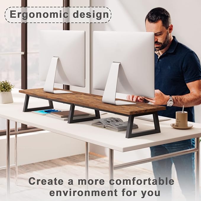 TEAMIX 42 inch Large Dual Monitor Stand Riser,TV Riser,Desk Shelf Organizer | Extra Long Computer Stand, Wood & Steel, Holds 300lbs, Keyboard/PS5/Soundbar Storage Underneath, For Home Office & Gaming - Image 3