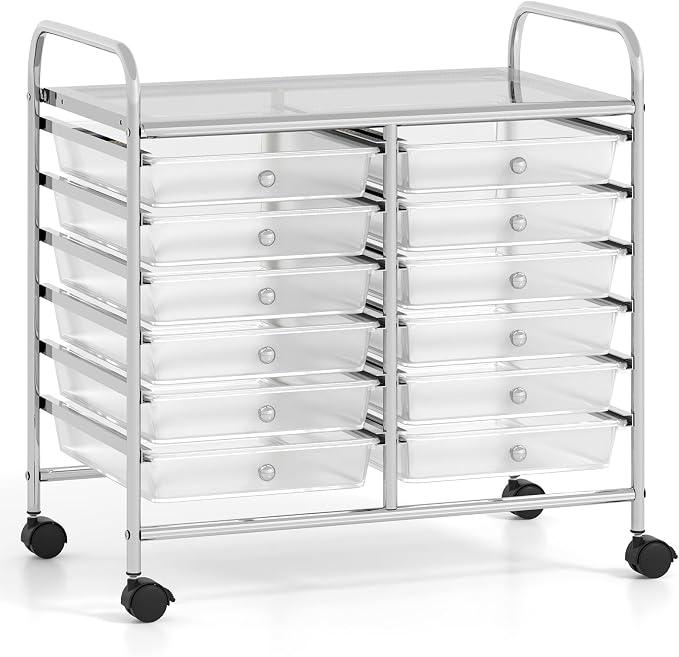 GOFLAME 12-Drawer Rolling Storage Cart, Multifunctional Art Craft Organizer Cart, Mobile Utility Storage Cart with Removable Drawers & Lockable Wheels, Craft Cart for Home Office School, Clear by GOFLAME