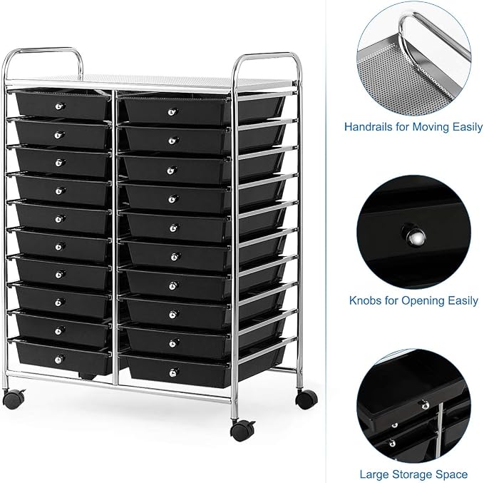 GOFLAME 20-Drawer Rolling Storage Cart, Multifunctional Art Craft Organizer Cart, Mobile Utility Storage Cart with Removable Drawers & Lockable Wheels, Craft Cart for Home Office School, Black - Image 8