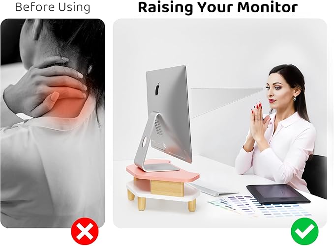 AFOOYO Monitor Stand Riser,2 Tier Corner Wood Sturdy 16.5In Computer Stand, Multi-Purpose Desktop Storage Stand for Laptop,PC,iMac,Printer,Computer,Pink - Image 4