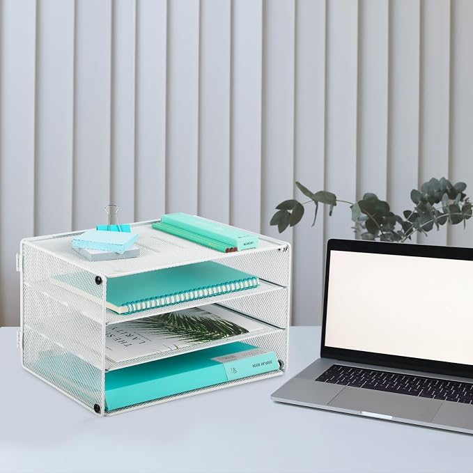 3 Tier Mesh Desk Organizer Tray, Desktop Mail File Paper Letter Folder Holder Sorter Organization Rack Storage Accessories for Office Home School Classroom, White - Image 7