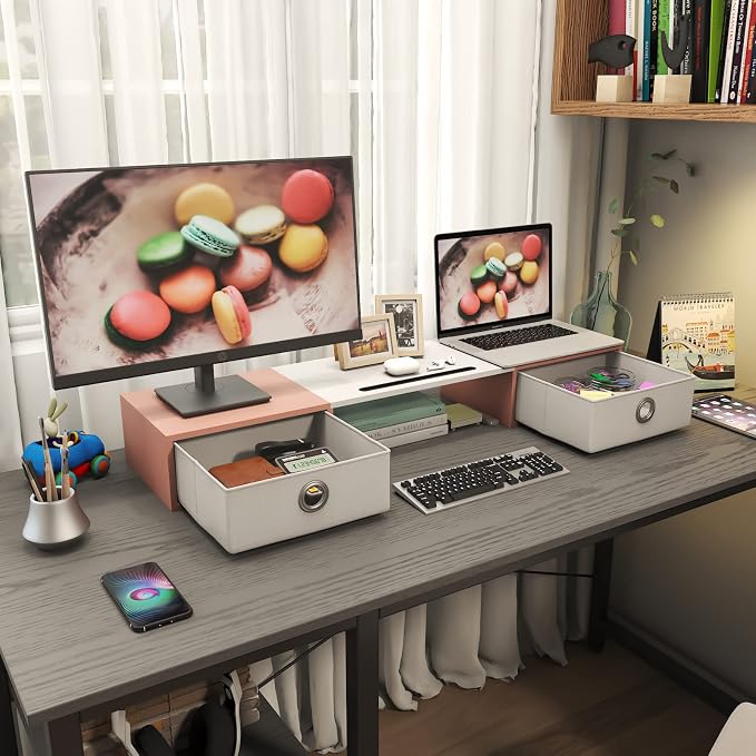 WESTREE Dual Monitor Stand Riser with Two Drawers, Extra Large Storage Monitor Stand for 2 Monitors, Desktop Oraganizer Stand for Computer,Laptop,Screen,Printer,TV - Image 4