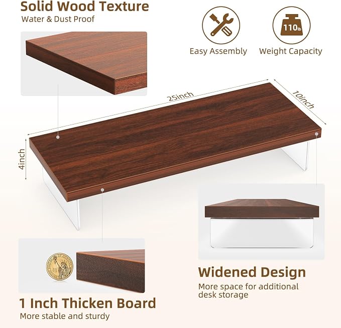 Monitor Stand Riser, 25x10 in Wood & Acrylic Computer Desk Organizer Shelf | Computer Monitor Stand With Wood & Acrylic Design; Works As Laptop Riser, Printer Stand, TV Screen Riser And Desk Organizer. - Image 4