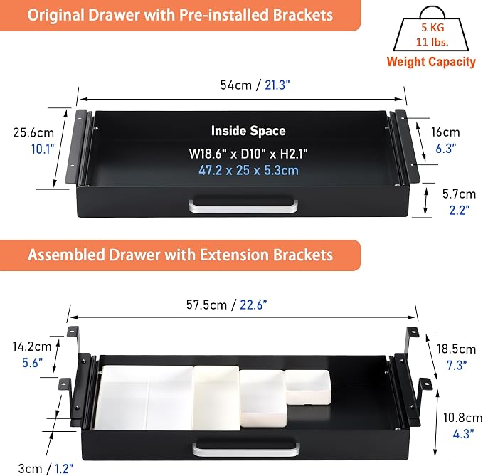 Under Desk Drawer 21" with 4 Divider Trays, Storage Drawer Organizer | Black, Under Counter, Desk Accessory, Attachable for Workbench, Adjustable Brackets, for Desk Lip with Crossbar, Clamp Mount - Image 4
