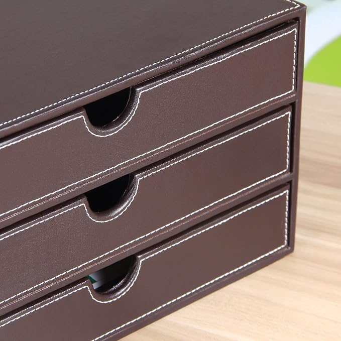 PU Leather Desk Organizer with 3 Drawers,Executive Office Supplies Desktop Filing A4 File Cabinet/Holder for Jewelry/Bill/Paper/Documents/Makeup Home Decor Stationery Storage Box,Brown - Image 9