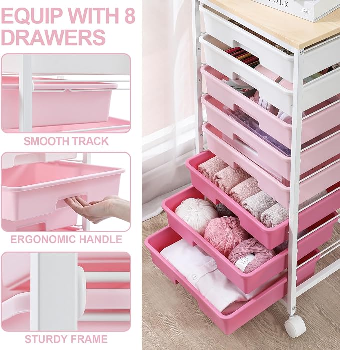 SYKIARIOL Rolling Cart with Drawers,Utility Cart with 8 Drawers,Rose Pink | Craft Organizers and Storage Cart with Wooden Tabletop for Living Room,Classroom, Bedroom,Dorm,Home Office - Image 3