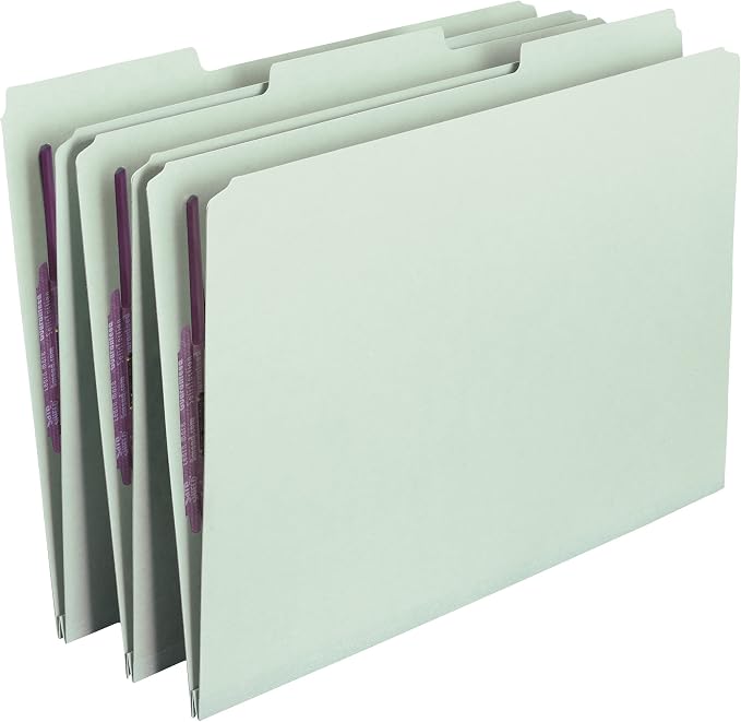 Smead Pressboard Fastener File Folder with SafeSHIELD Fasteners, 2 Fasteners, 1/3-Cut Tab, 1" Expansion, Legal Size, Gray/Green, 25 per Box (19931) by SMEAD