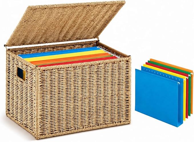 Jingmore Paper Rope File Box Organizer with 25 Hanging File Folders, Collapsible Letter Size Filing Storage Box with Lid, Handwoven Document Basket, Decorative Document Storage for Office & Home by Jingmore